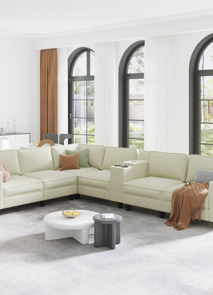 L-shaped 6-seater 133.4''*94.4'' corduroy sofa, large storage armrests with center console, USB charging, left and right seats can be switched, 3 packages of 130-0
