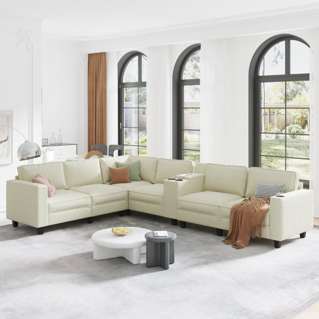 L-shaped 6-seater 133.4''*94.4'' corduroy sofa, large storage armrests with center console, USB charging, left and right seats can be switched, 3 packages of 130-0