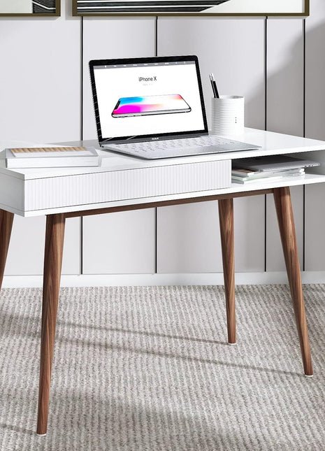 White Writing Desk with Drawers Mid Century Modern Desk, Wood Office Desk Computer Desk Vanity Desk for Small Space, White Desk with Walnut Legs-0