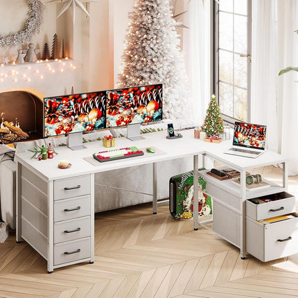 L Shaped Computer Desk with 6 Drawers & Power Outlet, 55 Inch Corner Desk with Reversible Storage Shelf & File Drawer, Home Office Desk, White-3