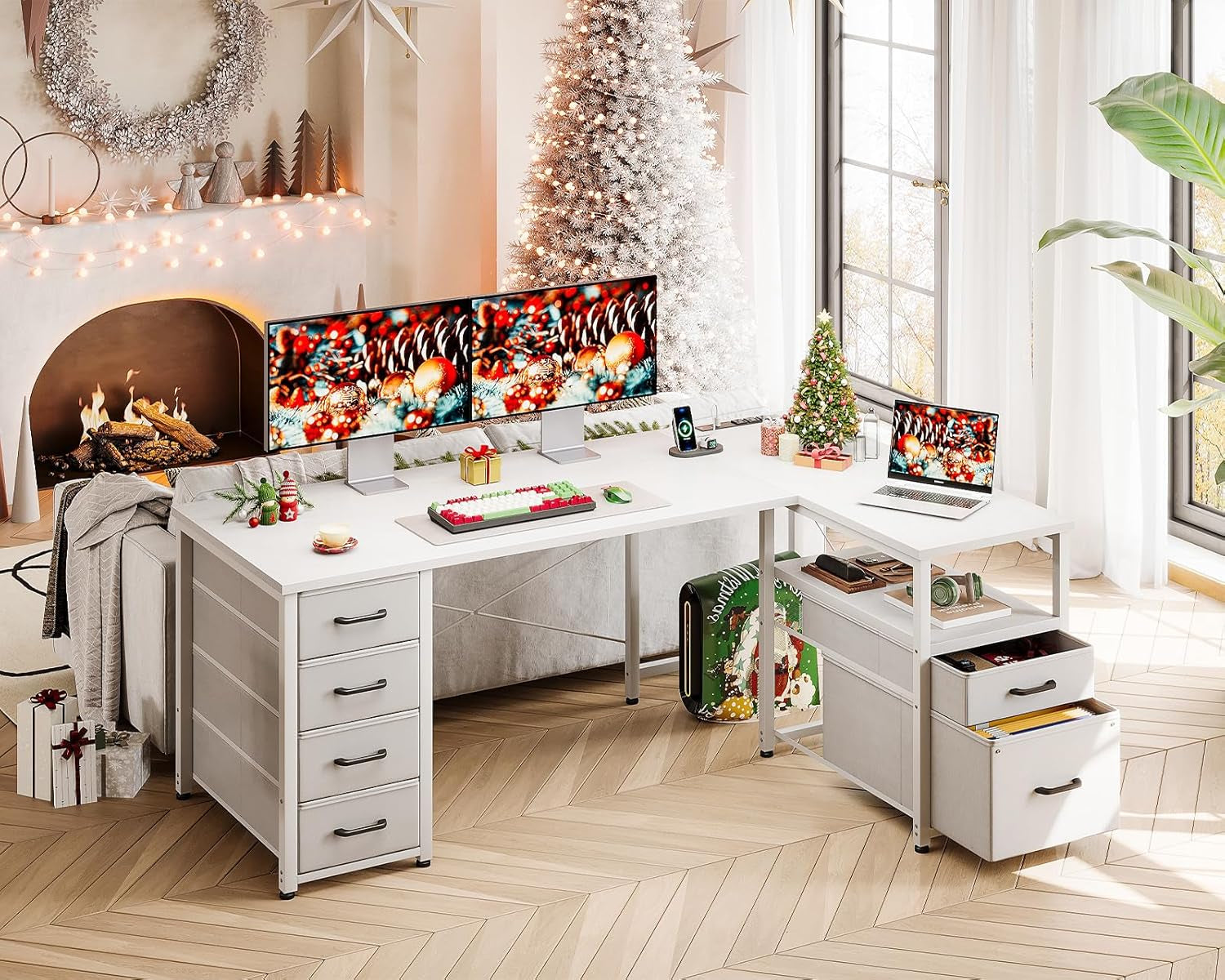 L Shaped Computer Desk with 6 Drawers & Power Outlet, 55 Inch Corner Desk with Reversible Storage Shelf & File Drawer, Home Office Desk, White-3