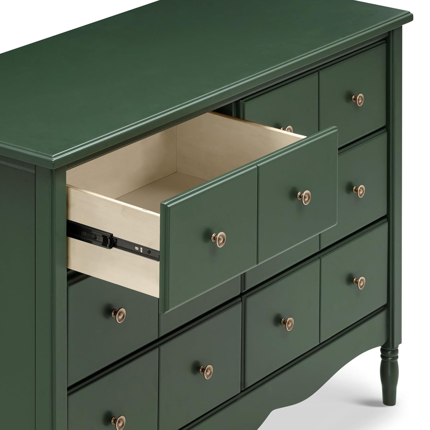Green dresser with open drawer on a white background