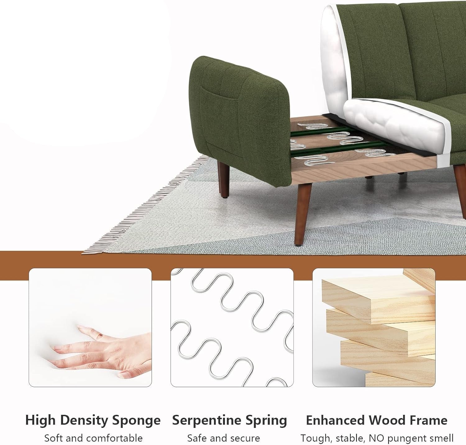 Green sofa with wooden legs on a gray rug, featuring text about product features.