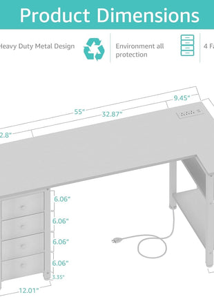 White L Shaped Desk with Drawers & Storage Shelves, 55 Inch Corner Computer Desk with Power Outlet for Home Office Bedroom, L-Shaped Teen PC Desks with Fabric Drawer, White-2