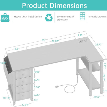 White L Shaped Desk with Drawers & Storage Shelves, 55 Inch Corner Computer Desk with Power Outlet for Home Office Bedroom, L-Shaped Teen PC Desks with Fabric Drawer, White-2