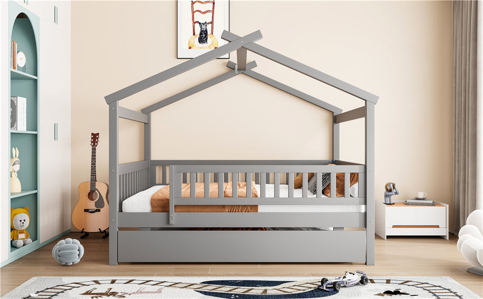Full Size Wooden House Bed with Twin Size Trundle