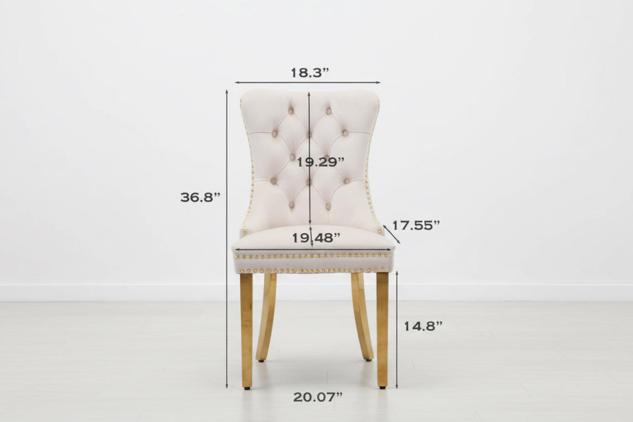Beige chair with dimensions labeled on a white background