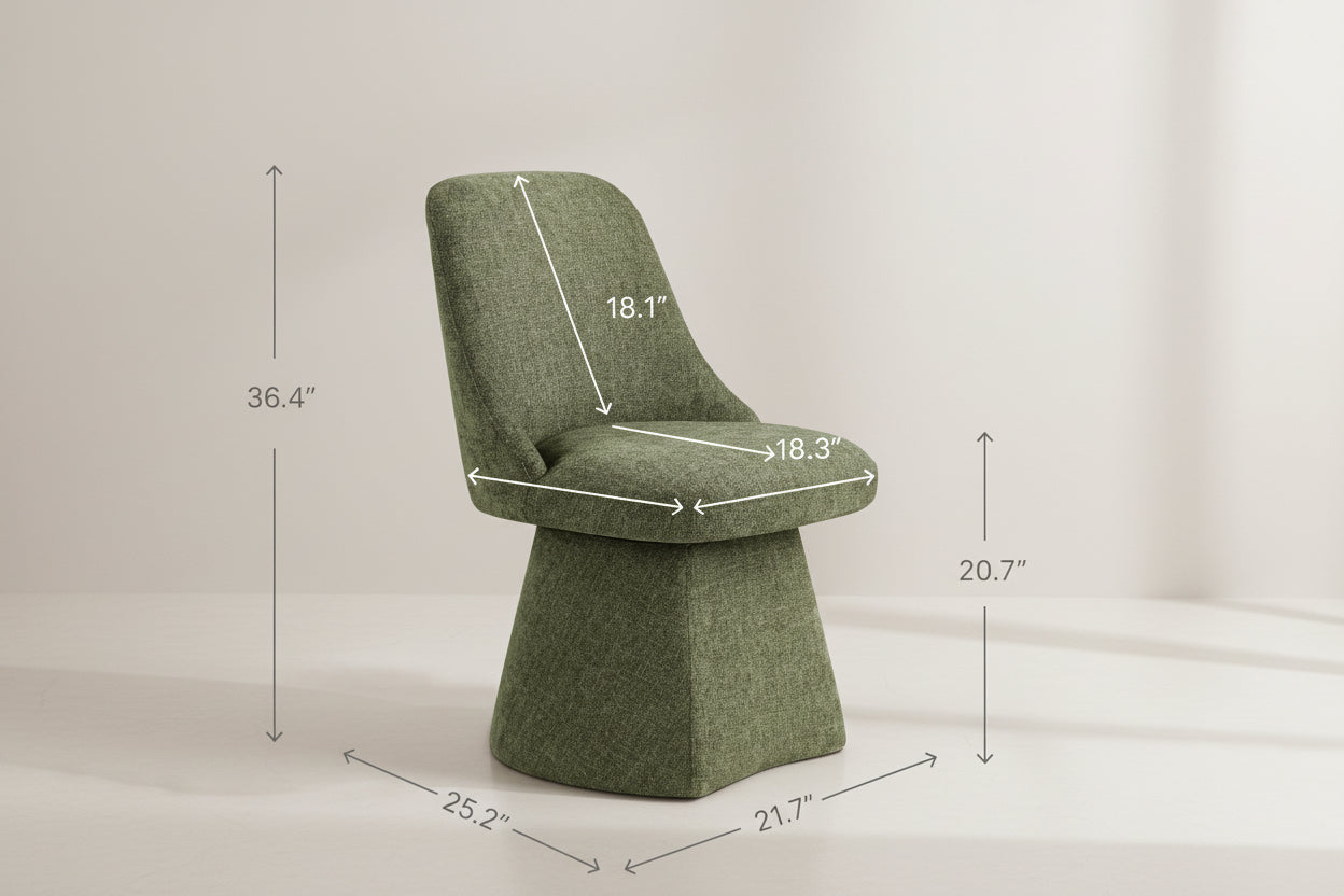 Green chair with dimensions labeled on a white background