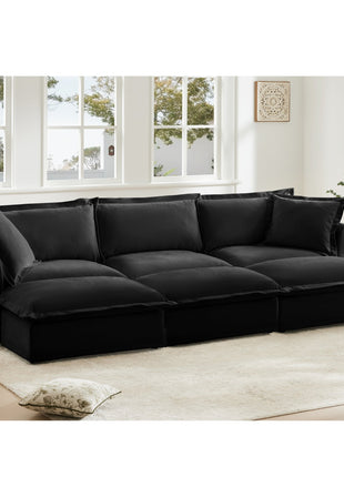 Living Room Sofa Slipcovered Sofa 3 Seater Sofa With 3 Ottomans, Oversized 3-Seat Sleeper Sofa Bed Home Theater Sofa, Chenille, Black