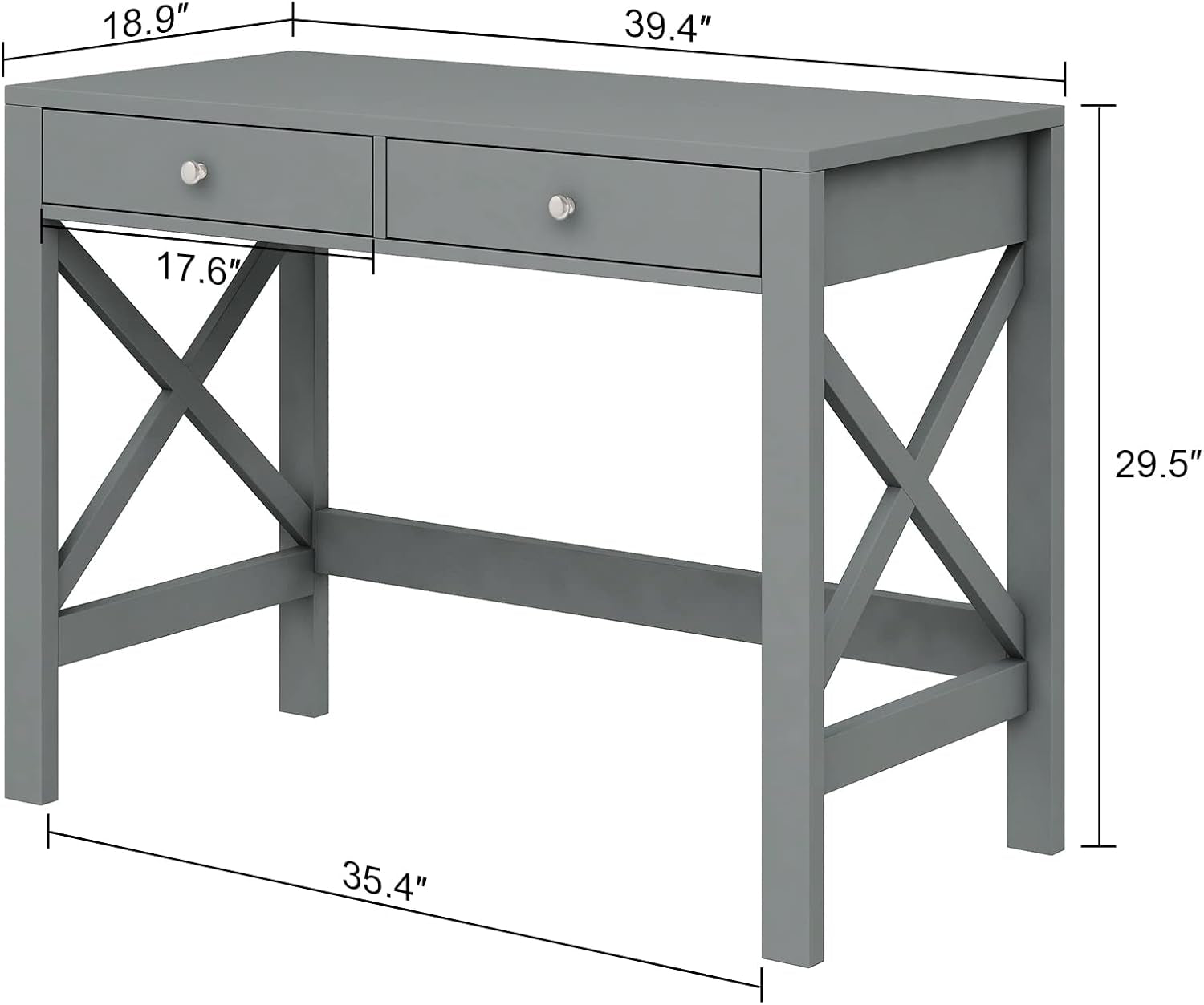 Gray desk with dimensions labeled on a white background