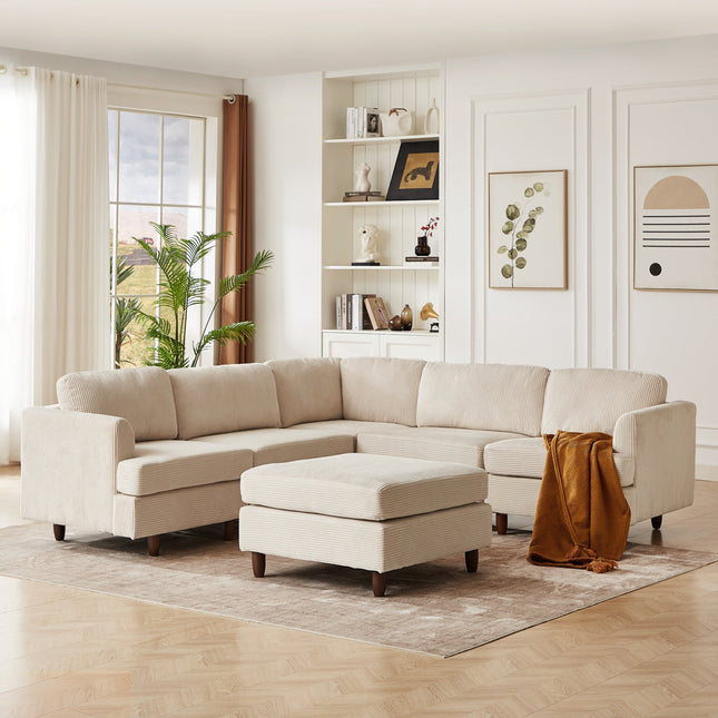 Beige 6-Seater Modular Corduroy Sectional Sleeper Sofa with Flexible Free Combination Design