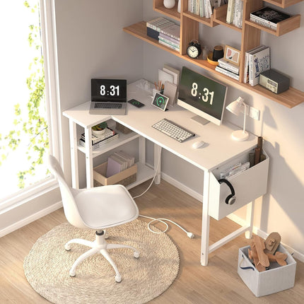 White L Shaped Computer Desk with Power Outlet Shelves, 40 Inch Small Corner Desk for Small Space Home Office, L-Shaped Desk PC Desks, White-1