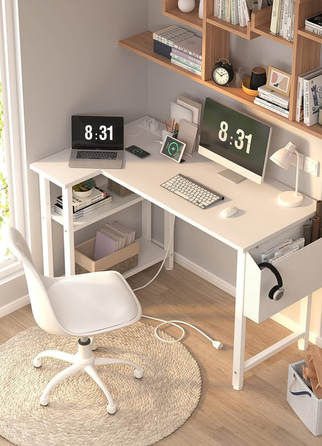 White L Shaped Computer Desk with Power Outlet Shelves, 40 Inch Small Corner Desk for Small Space Home Office, L-Shaped Desk PC Desks, White-1