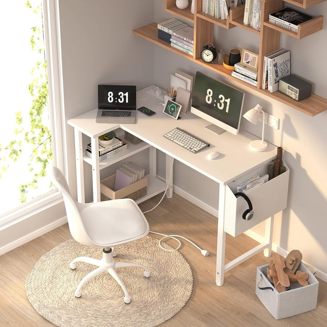 White L Shaped Computer Desk with Power Outlet Shelves, 40 Inch Small Corner Desk for Small Space Home Office, L-Shaped Desk PC Desks, White-1