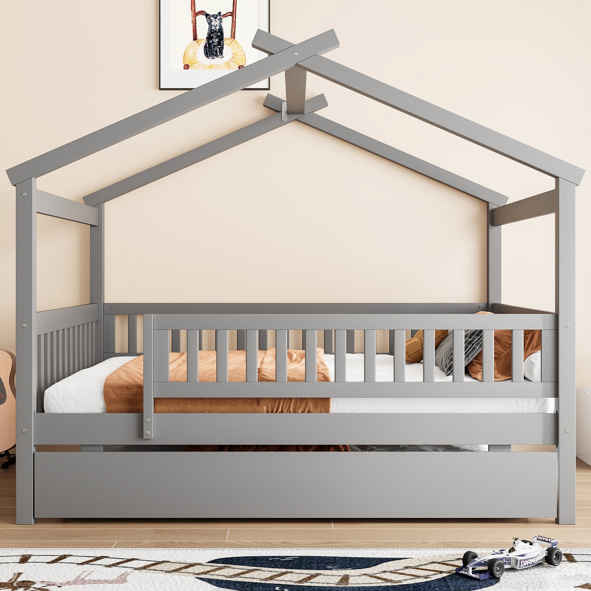 Full Size Wooden House Bed with Twin Size Trundle