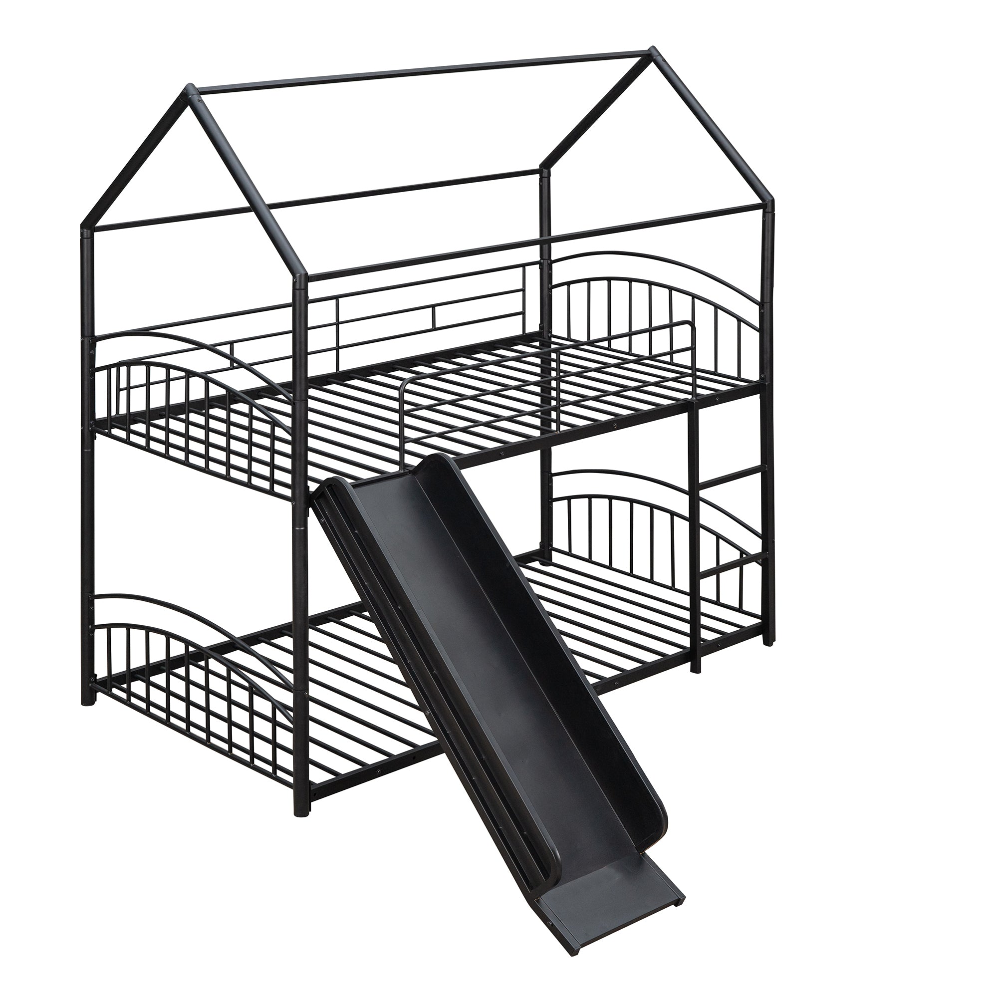 Twin Over Twin Metal Bunk Bed With Slide, Kids House Bed
