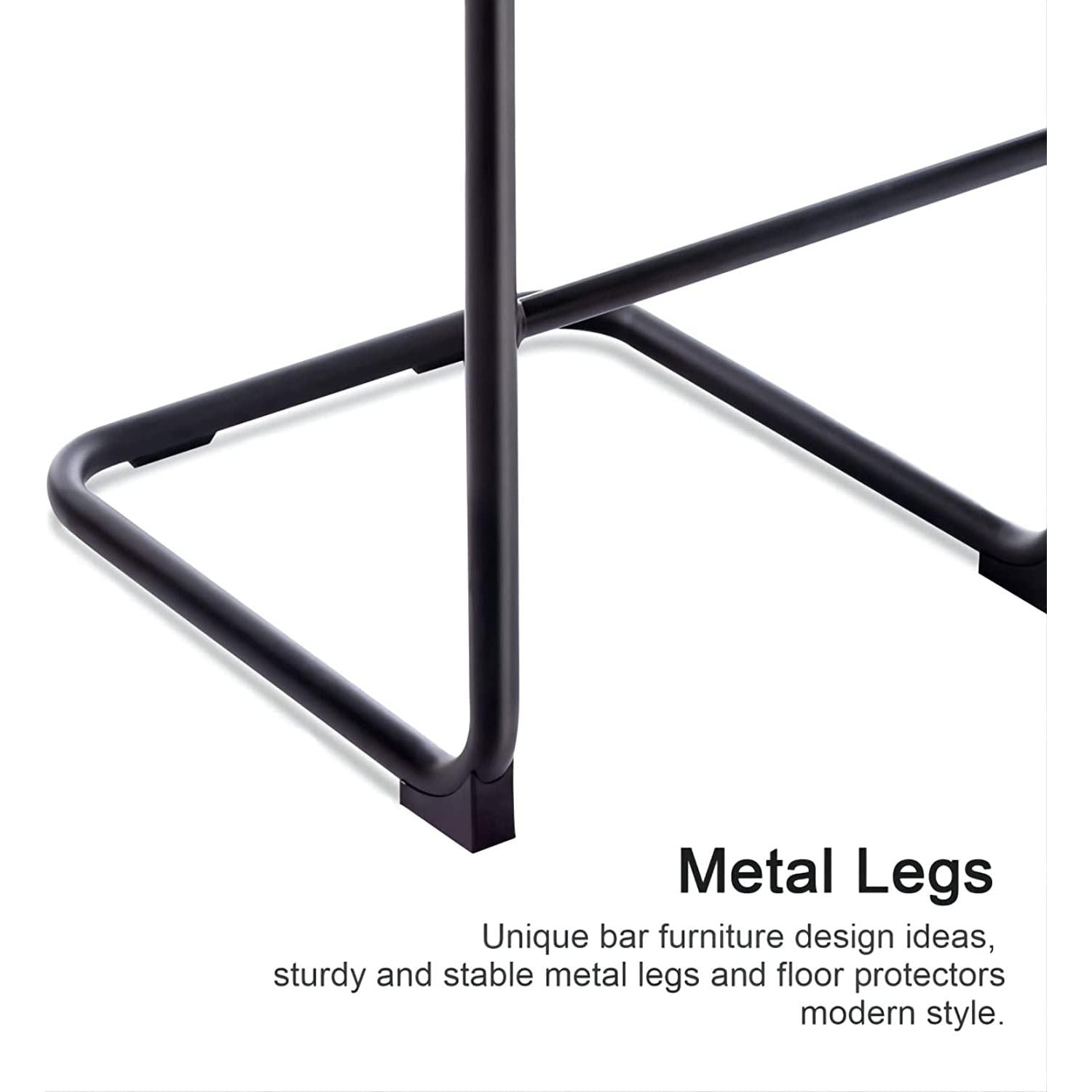 Close-up of black metal legs with text on a white background