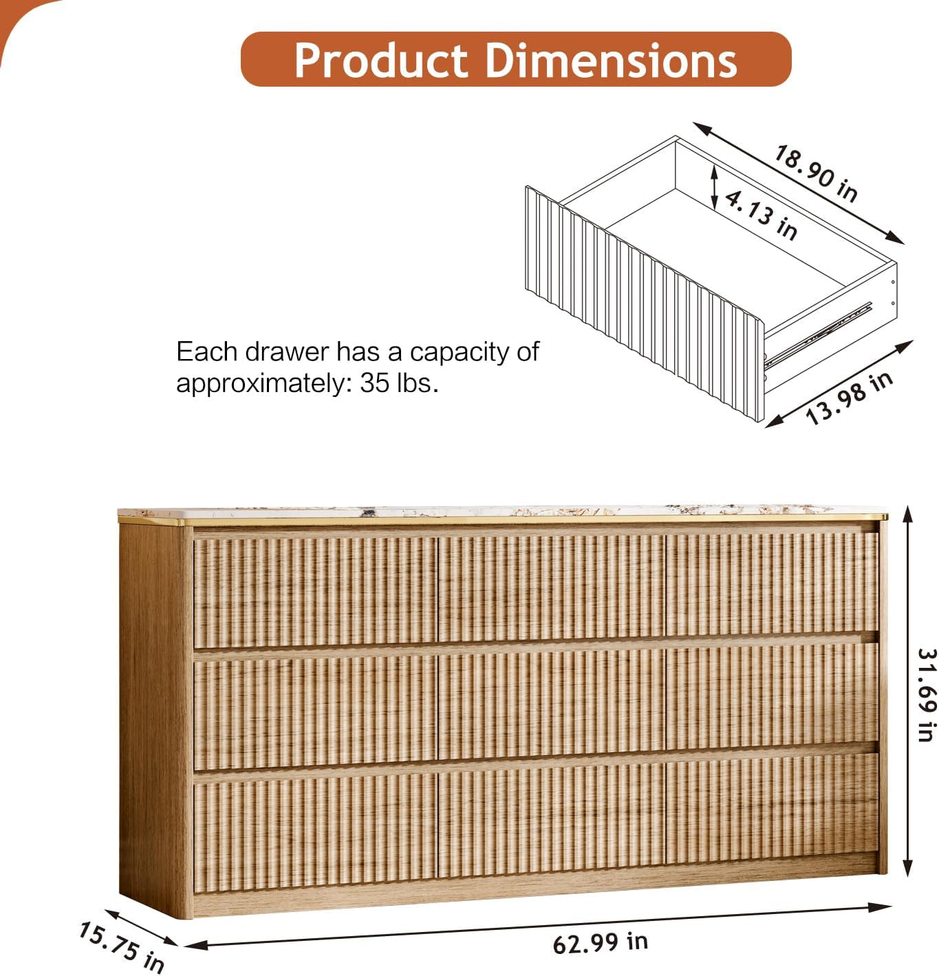 Hardy Haus 9-Drawer Dresser Chest | Polished Marble Top in Natural Oak