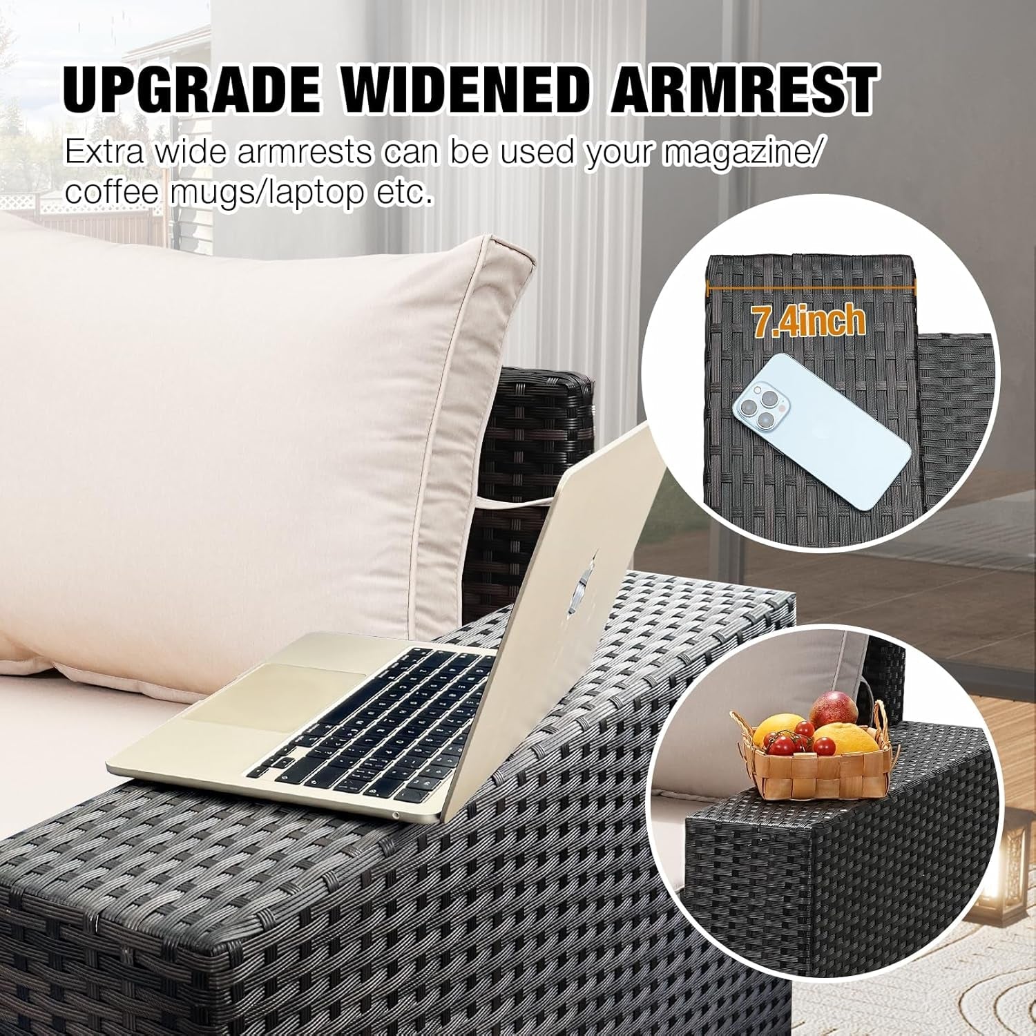 Wicker outdoor furniture with widened armrests, laptop, and fruit basket on a patio.