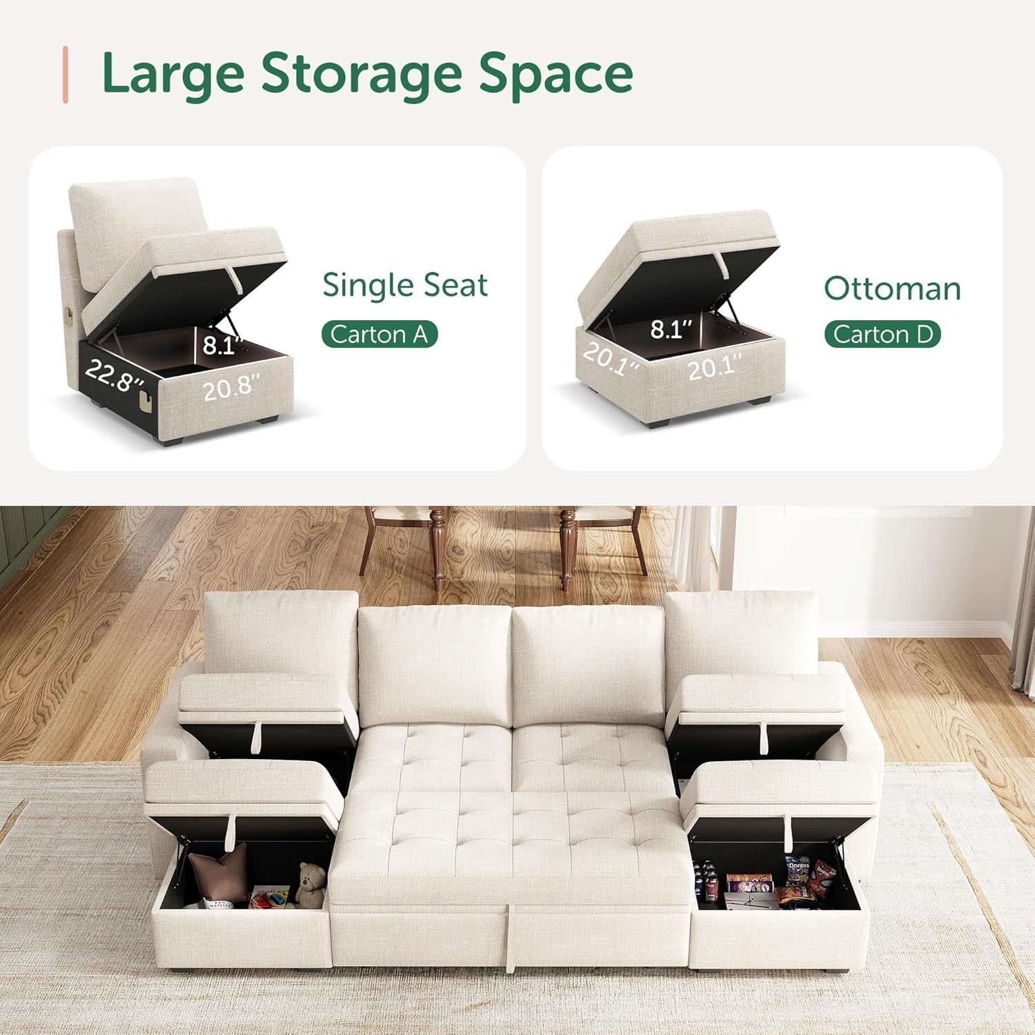 White sectional sofa with storage compartments labeled 'Single Seat' and 'Ottoman' on a wooden floor.