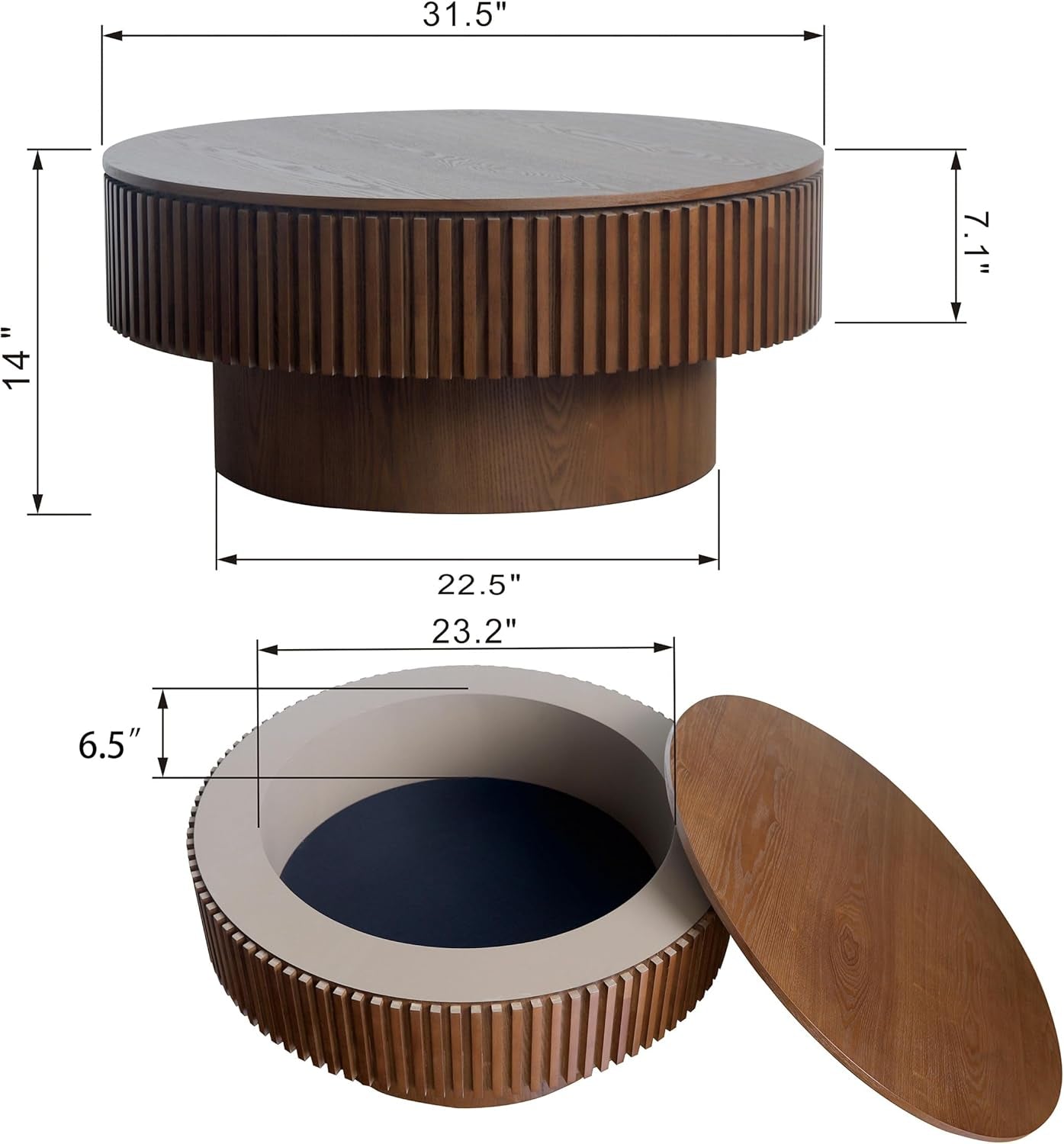 Measurement chart of a round wooden table with dimensions labeled.
