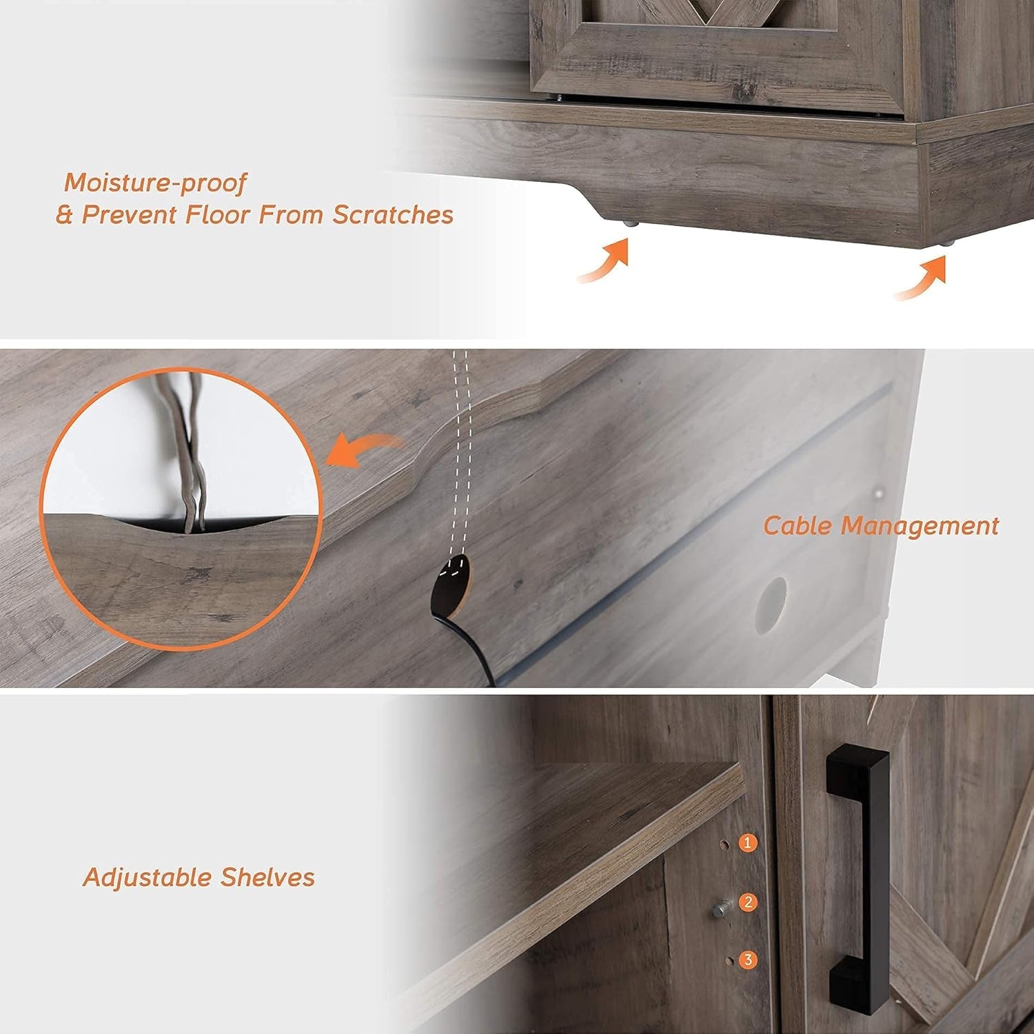 Wooden cabinet with moisture-proofing, cable management, and adjustable shelves features.