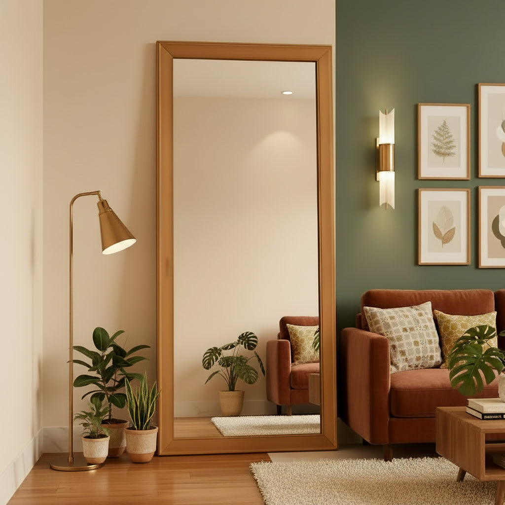 Wooden floor mirror against a beige wall with a small table and vase in the corner.