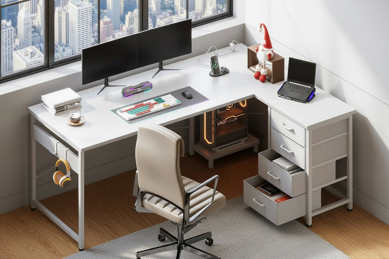 Modern home office with a white L-shaped desk, chair, and computer setup.