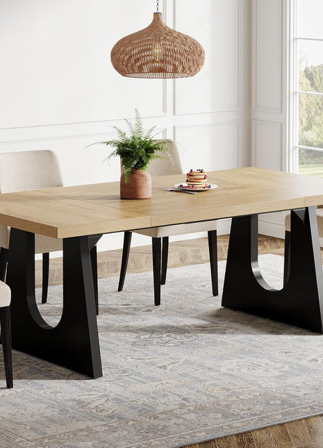 Large Dining Table for 6-8 People, 70.9-Inch Wood Rustic Rectangular Table with Black Wooden Legs, Farmhouse Center Kitchen Table for Dining Room, Living Room, Home Furniture, Oak and Black-0
