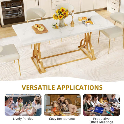 70.3" Large Modern Dining Table for 6-8 People Rectangular White Kitchen Dining Room Table with Faux Marble Tabletop and Gold Geometric Metal Legs Farmhouse Wood Dinner Tables, White and Gold-4