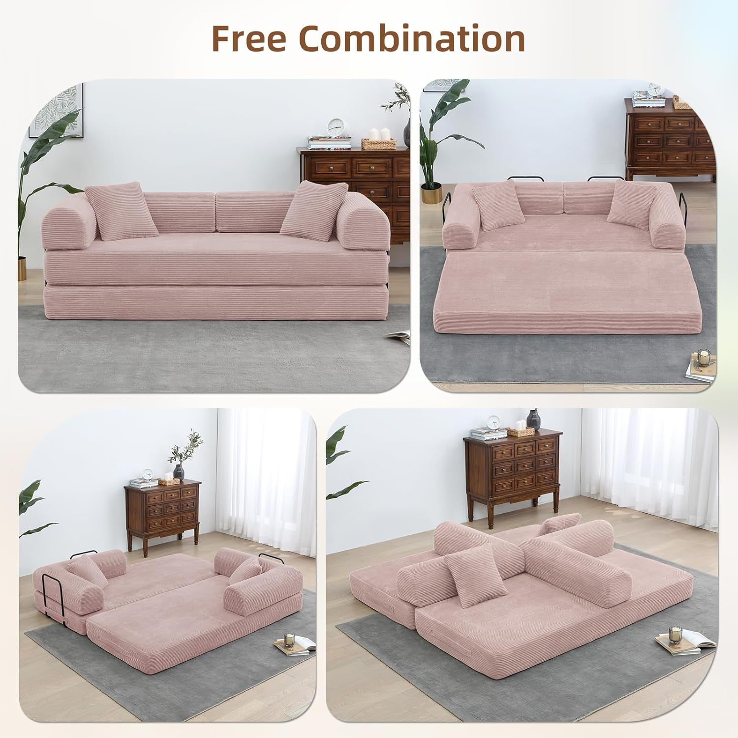 Collage of a pink sofa bed in various positions in a room setting.