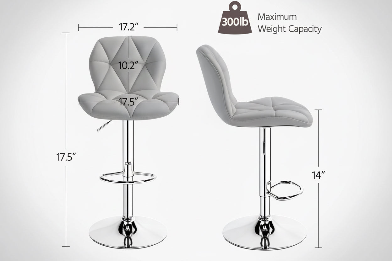 Gray bar stools with measurements and weight capacity on a white background
