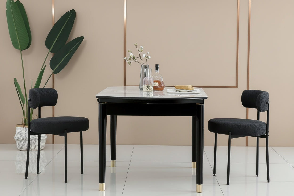 Dining table with chairs in a modern kitchen setting, featuring text about product features.
