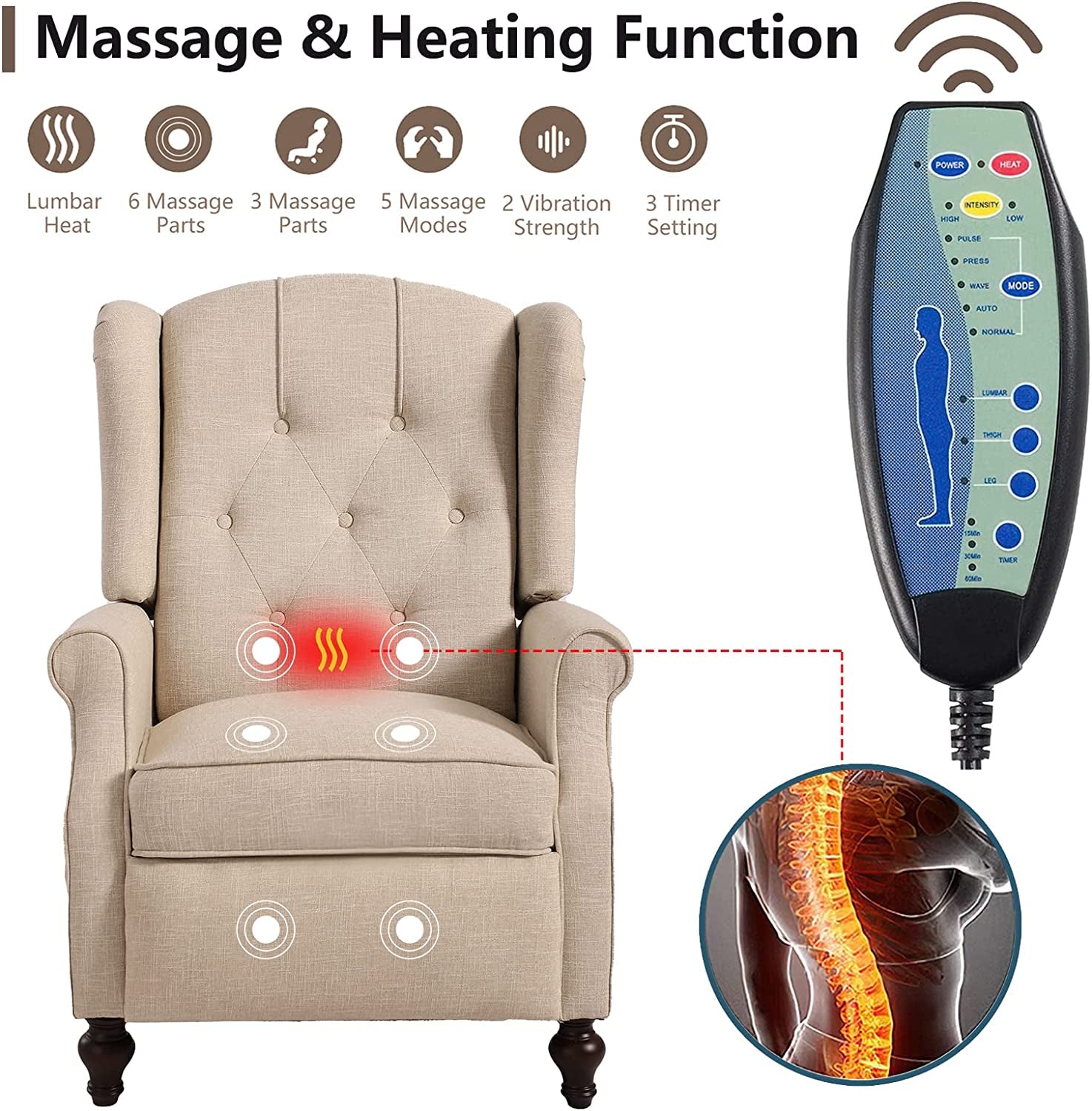Massage and heating function chair with remote control and detailed features.