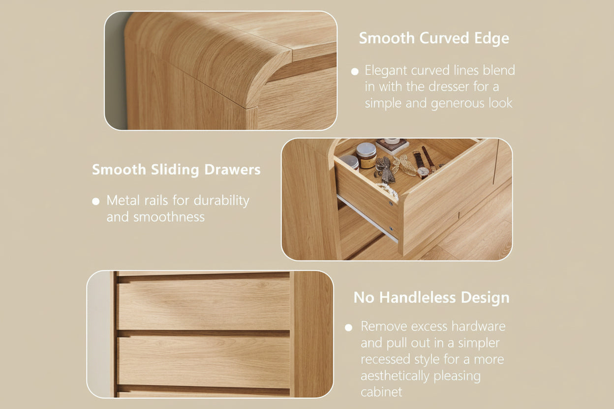 Wooden dresser with smooth curved edge, sliding drawers, and no handleless design on a beige background.
