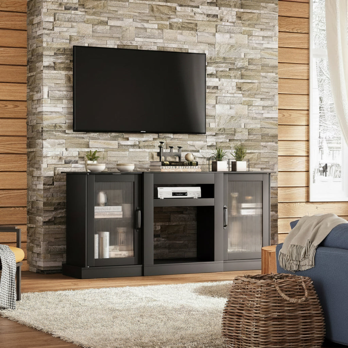Retro TV Stand For 65 Inch TV With Storage And Open Shelves Black