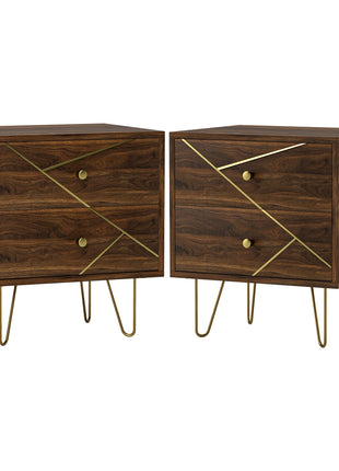 Bedside Tables Set of 2, Modern Side Table Set with 2 Drawers and Steel Hairpin Legs, Nightstand for Bedroom, Brown Wood Grain-0