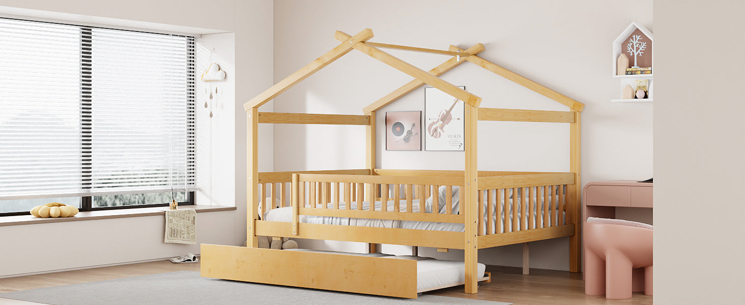 Full Size Wooden House Bed with Twin Size Trundle