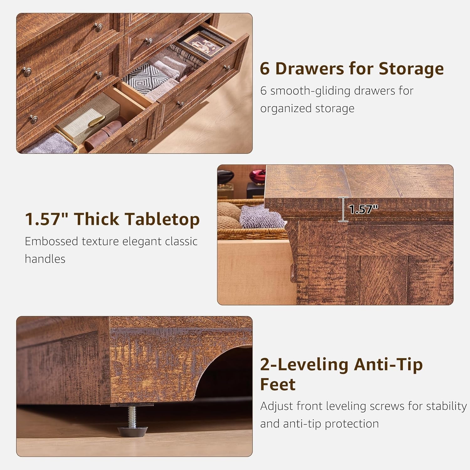 Wooden dresser with features highlighted on a white background