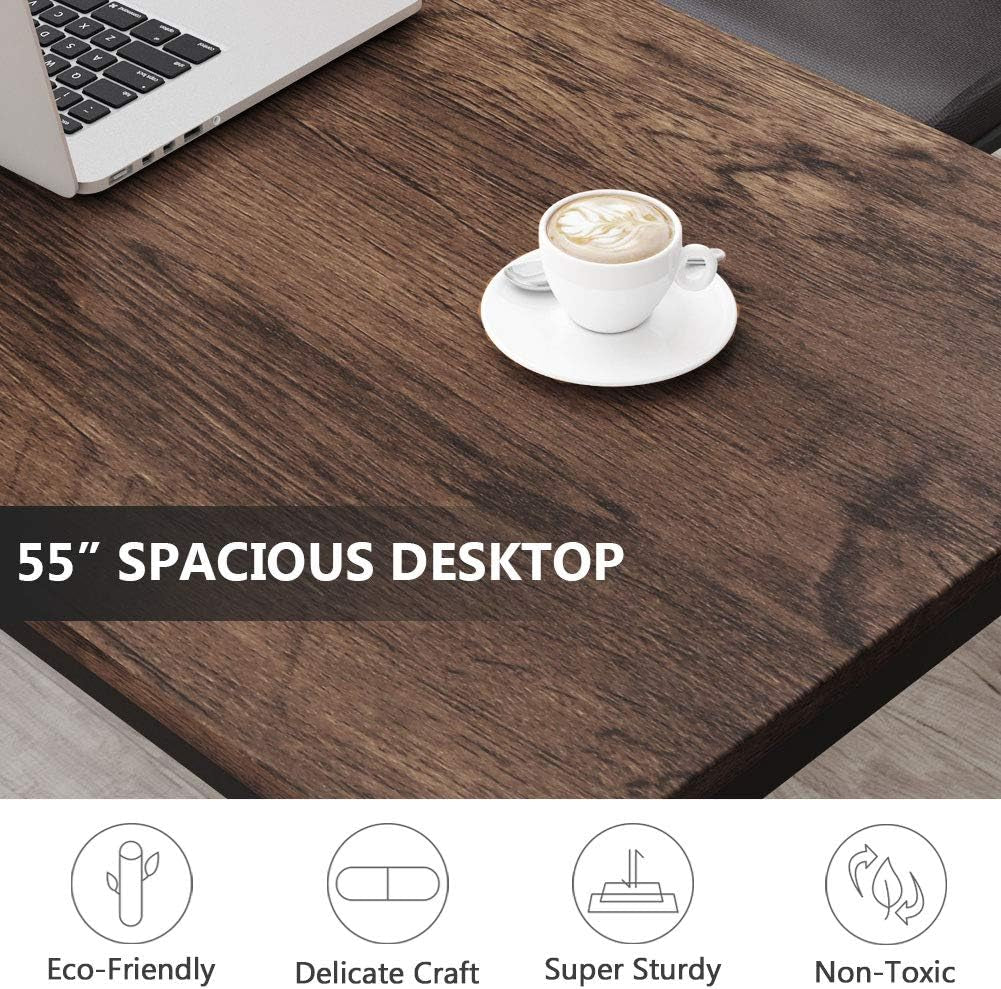 Wooden desk with a laptop and coffee cup, featuring text about desk size and features.