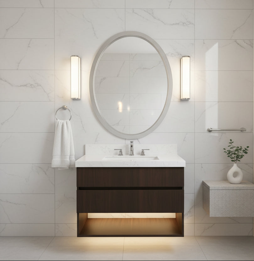Bathroom vanity with sink, mirror, and lighting fixture on an orange wall.