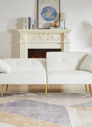 Modern Teddy Upholstered Accent Loveseat Sofa With Side Pocket,Folding Sleeper Sofa Bed With Foldable Armrest , Adjustable Backrest and Golden Metal Legs for Living Room,White-1