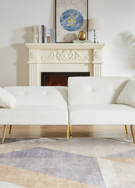 Modern Teddy Upholstered Accent Loveseat Sofa With Side Pocket,Folding Sleeper Sofa Bed With Foldable Armrest , Adjustable Backrest and Golden Metal Legs for Living Room,White-1