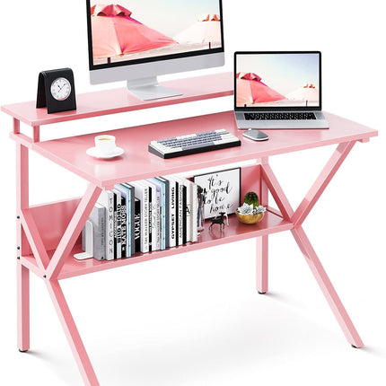 Small Desk, 27.5 Inch Small Computer Desk for Small Spaces, Compact Desk with Storage, Tiny Desk Study Desk with Monitor Stand for Home Office, Pink-0