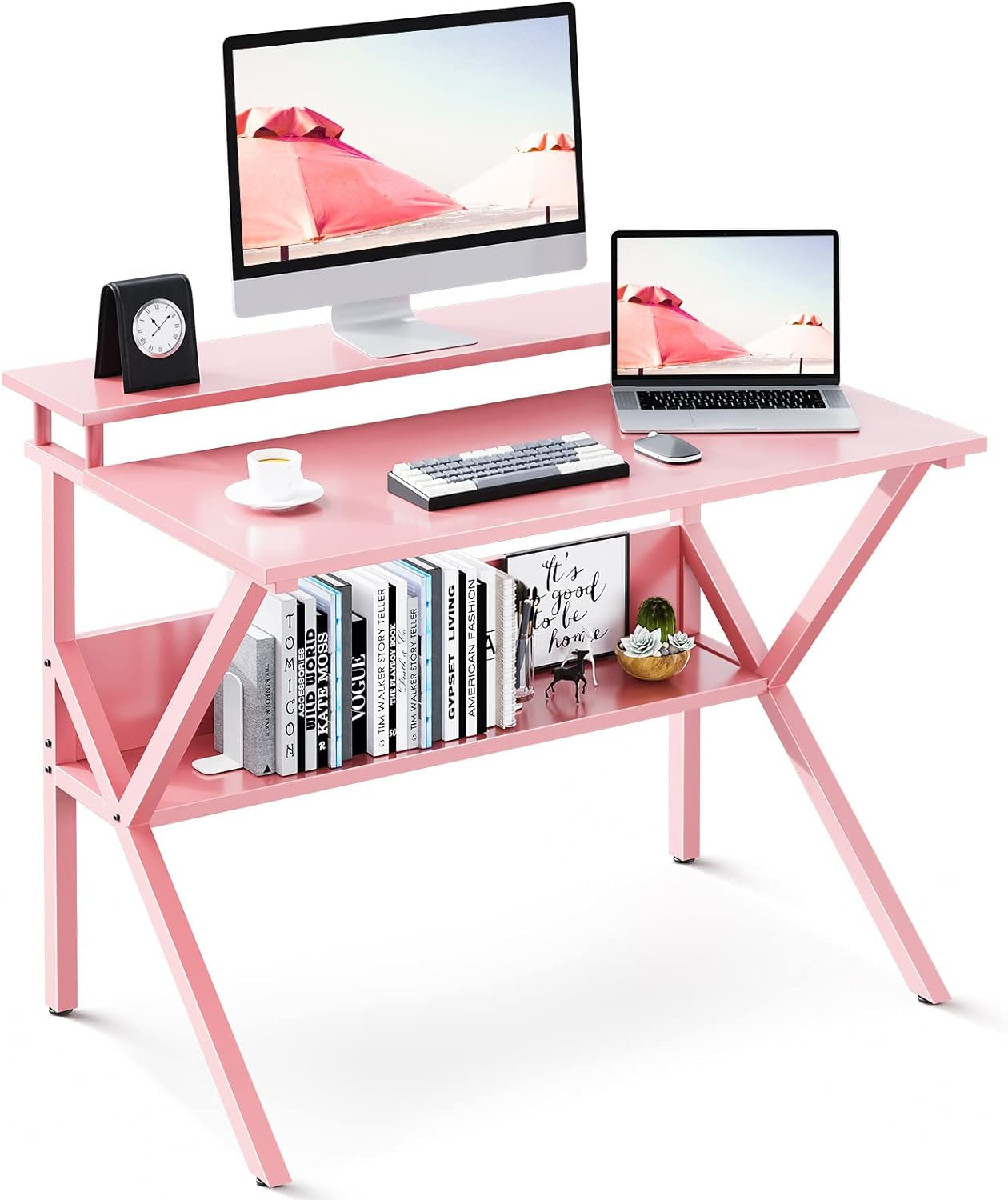 Small Desk, 27.5 Inch Small Computer Desk for Small Spaces, Compact Desk with Storage, Tiny Desk Study Desk with Monitor Stand for Home Office, Pink-0