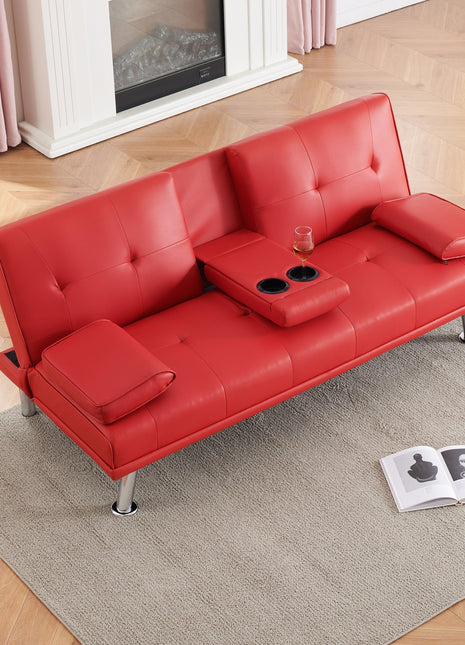 67-inch Red Leather Multifunctional Double Folding Sofa Bed with Coffee Table for Office Use-0