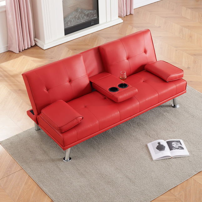 67-inch Red Leather Multifunctional Double Folding Sofa Bed with Coffee Table for Office Use-0