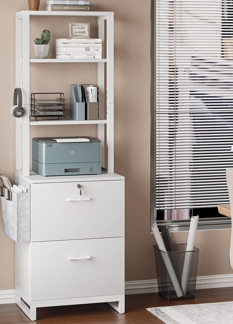 2 Drawer File Cabinet, Filing Cabinet with Lock Fits Letter, Legal, A4 Size, File Cabinets for Home Office with Storage Bag, Open Shelf and Hook, White
