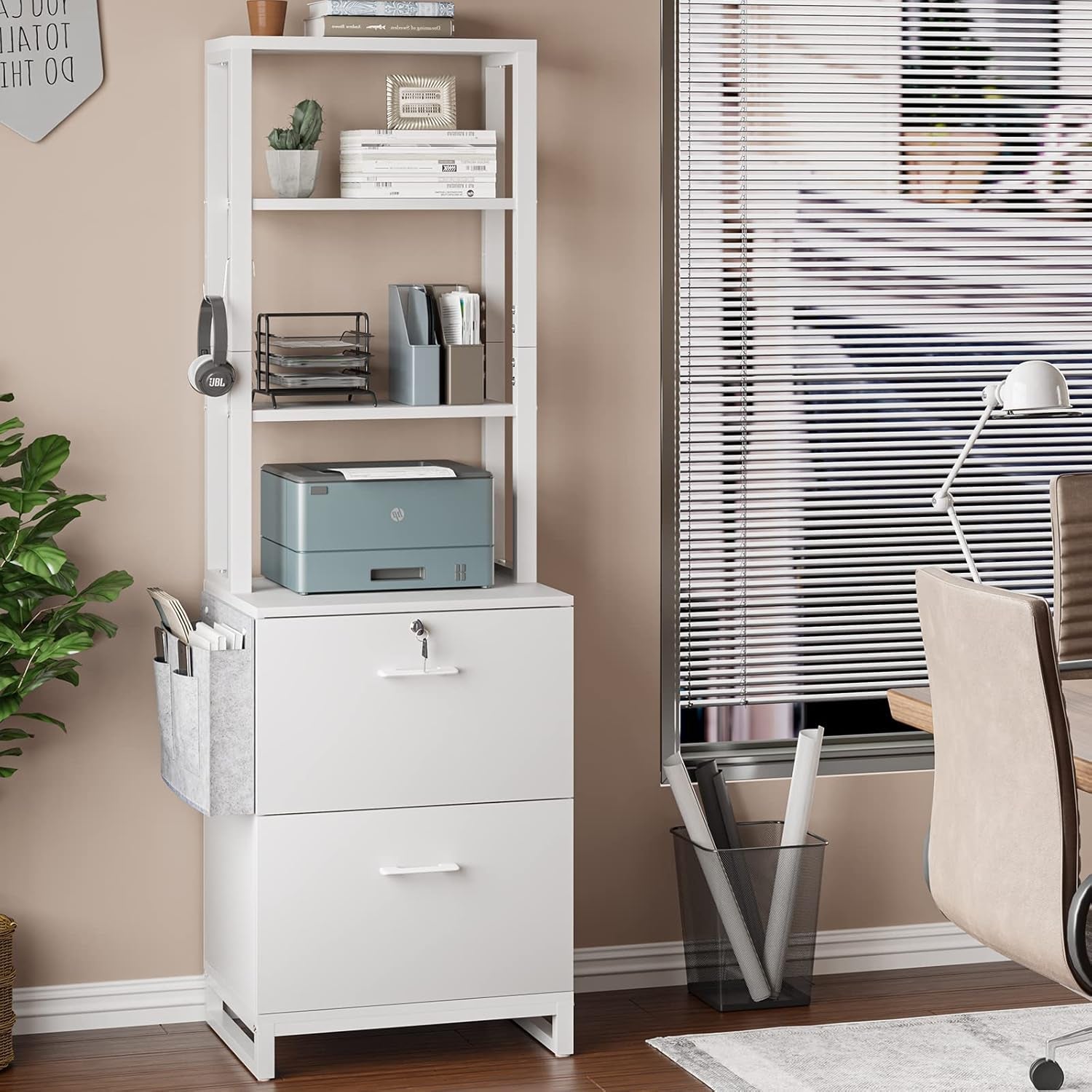 White office cabinet with shelves and a printer in a home office setting.