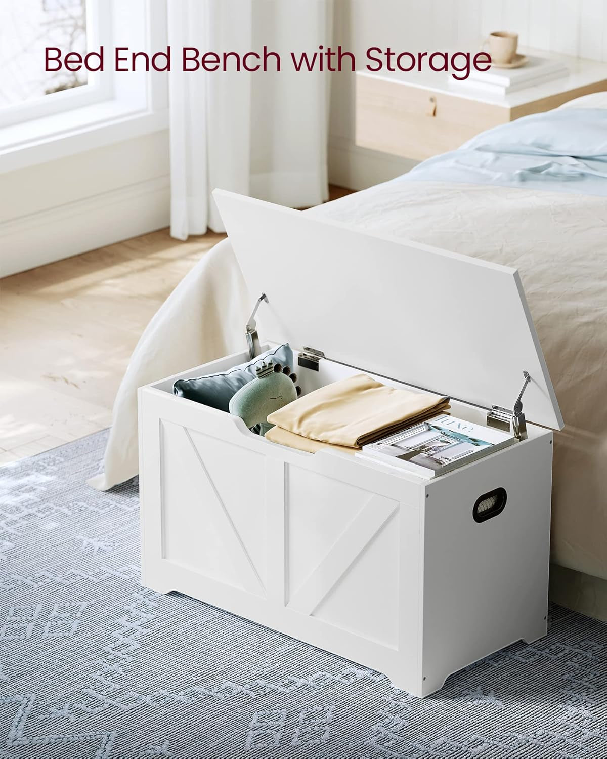 White bed end bench with storage in a bedroom setting